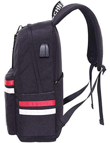 El-fmly Cute Backpack for Girl Teen Lightweight with USB Charging Port Headphone Bookbag Cool Black Laptop Bag for Women Men