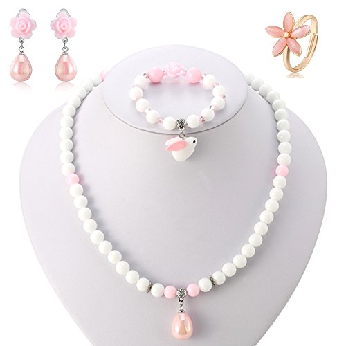 PinkSheep Pink Necklaces Bracelet Earrings Ring for Kids, Glass Beads Necklaces, Little Girl Jewelry Sets, Raindrop Pendant - Thumbnail 4