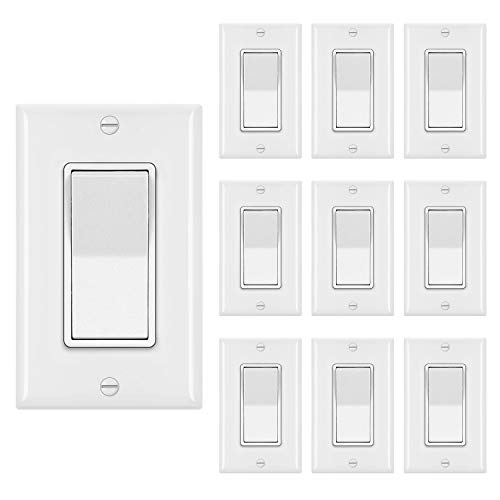 [10 Pack] BESTTEN Single Pole Decorator Wall Light Switch with WallPlate, 15A 120/277V, On/Off Rocker Paddle Interrupter for LED and other lamps, UL Listed, White