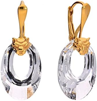 Gold-plated 24ct sterling silver 925 earrings with a lioness, panther, cat head with white oval Swarovski® crystals