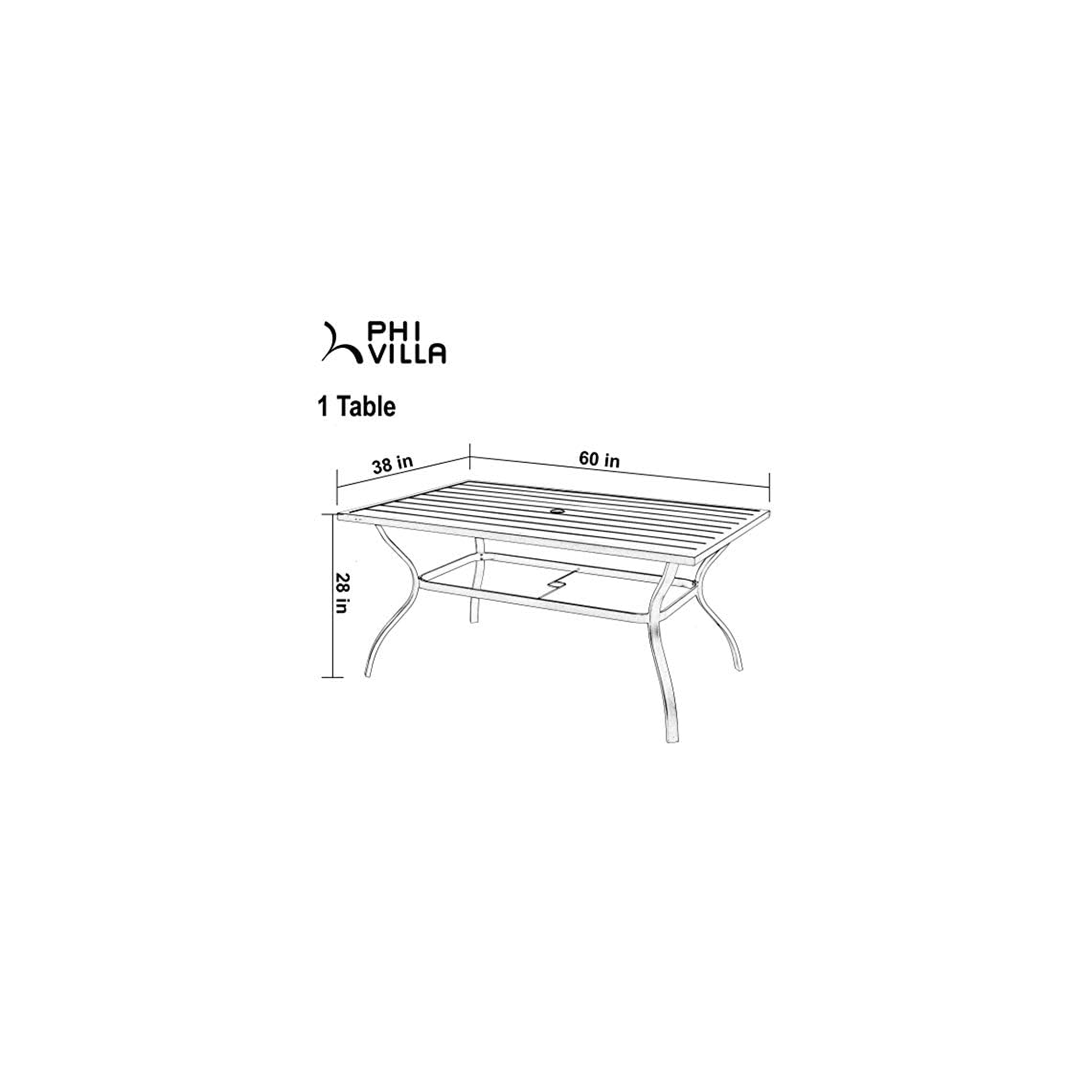 PHI VILLA Outdoor Patio Dining Table, 60 Inches Large Rectangle Dining
