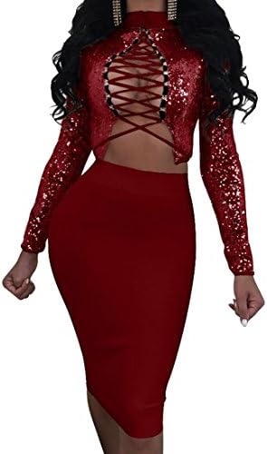 YUNY Womens Lace Up Backless Crop Top Midi Skirt Outfit Two Piece Bodycon Dress Wine Red US L