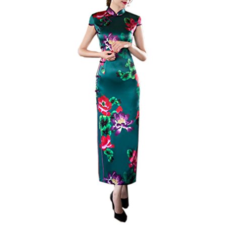 XueXian(TM) Women's Summer Flower Chinese Style Dress Long Cheongsam Party Wedding Qipao Green