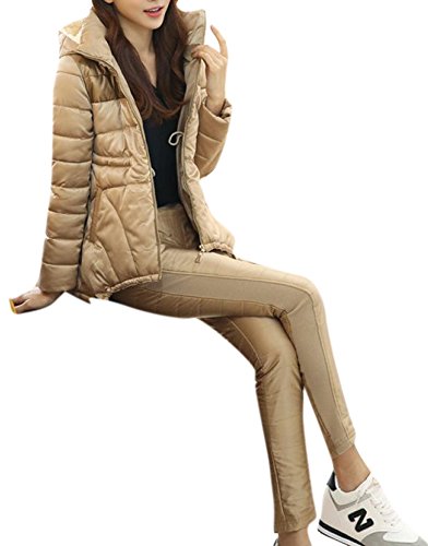 Lingswallow Women Casual Hood Short Down Jacket Coat With Pants Two Pieces Set Khaki