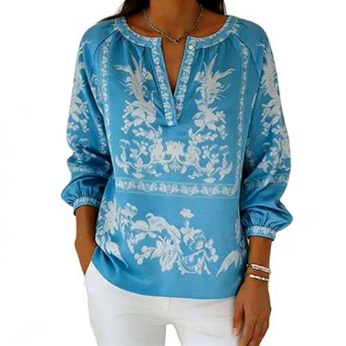 3/4 Length Sleeve Womens Tops Petite Linen Shirts for Women Boho Floral Graphic Cotton Spring Tops 2026 Summer 3/4 Length Sleeve Womens Shirt Vacation Light Blue S