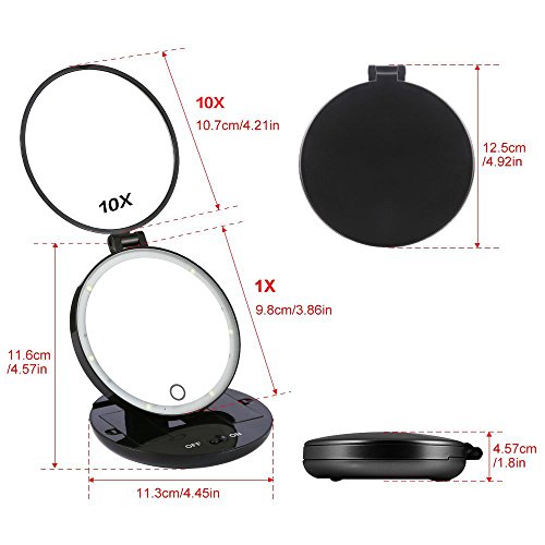 1X/10X Vanity Mirror, SILKY SELECT Tri-fold Travel Lighted Makeup Mirror Illuminated with 6 LED Lights, Standing Double Folding Mirror for Eye Makeup, 10X Magnifying, Compact for Women-Black