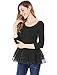 Allegra K Women Round Neck Long Sleeves Slim Fit Panel Spring Peplum Top M Black