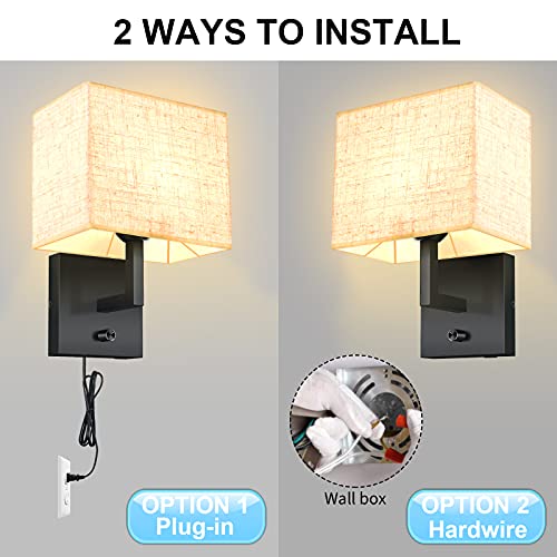 Wall Lamp with Dimmer Switch and USB Port, Wall Lamp with Plug in Cord