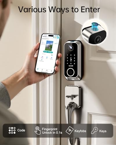 Smart Front Door Lock Sets: 2K HD Camera Lock with Doorbell Kits, Hornbill Fingerprint Keyless Entry Door Lock with Handles, WiFi Deadbolt(only 2.4G) for Remote Control, APP/Alexa/PIR, Silver