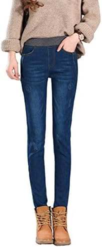 Women's Plus Size Fleece Lined Jeans High Waist Winter Slim Fit Stretch Skinny Denim Jeans Pants For Women Dark Blue 30