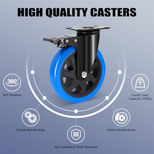 Humagineer 150mm Heavy Duty Furniture Casters with Double Brake, Heavy Duty Swivel Casters for Heavy Loads, 1200kg Load, Silent and Durable Polyurethane Castors, Set of 4