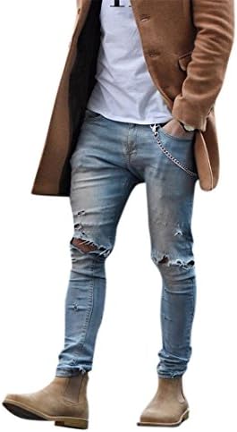 Men's Light Blue Skinny Fit Destroyed Cotton Denim Jeans with Knee Open Rips W42