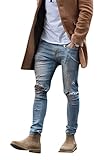 Men's Vintage Skinny Fit Destroyed Cotton Denim Jeans with Knee Open Rips