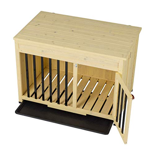 Good Life No Assembly Foldable Indoor Nature Wood Dog Crate Pet Cage Portable Cat/Dogs House Metal Railing with Tray (28" inch L)