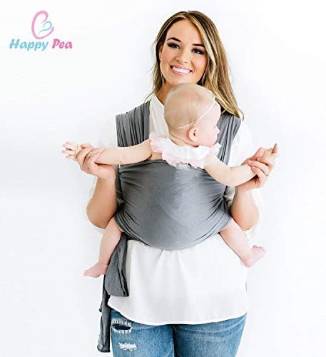 Happy Pea UK Baby Wrap Carrier (Grey) 1 Size Fits All | 4 in 1 Stretchy Soft Cotton Baby Sling | Newborn, Infant & Toddler| Nursing Cover | FREE EBOOK