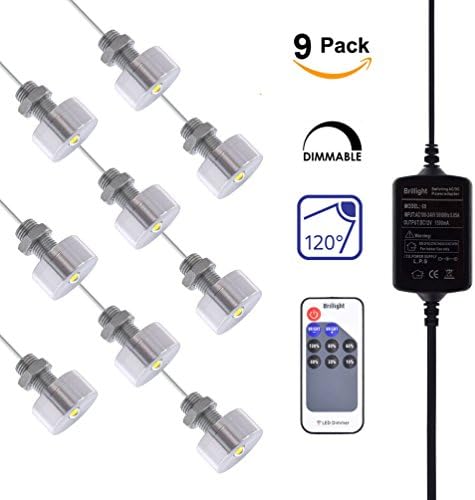 9-Pack Dimmable 2W 12V DC Screw Mini LED Light Under Cabinet Downlight Machinery Spotlight Kit incl. Dimmer Switch and Power Supply ( Cool White 6500K, 120° Beam Angle )