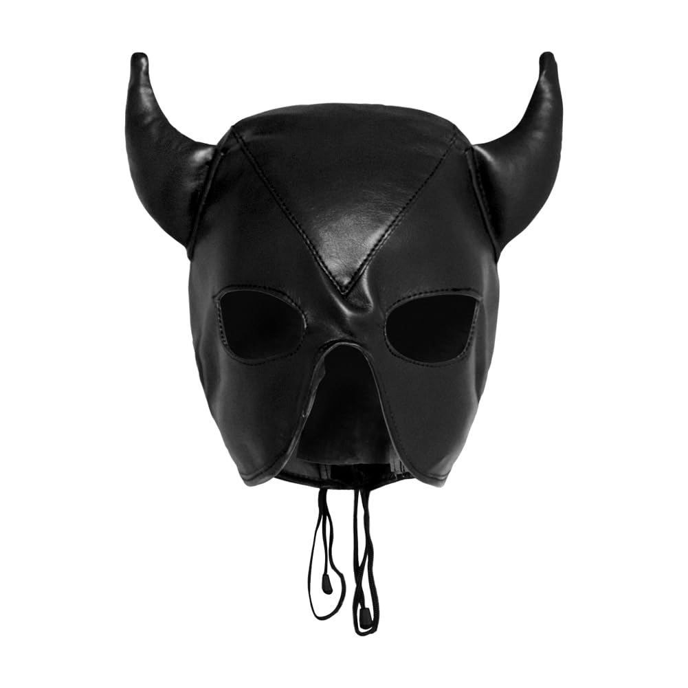 Halloween Leather Horn Hood Headgear for Adults Open Mouth Hole Eye Devil Face Mask with Adjustable Tie Halloween Fancy Dress Costume Accessory for Animal Theme Party Cosplay Carnival Festival Props