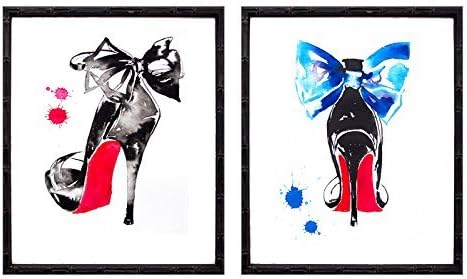 Set of 2 High Heels Fashion Art Prints of Watercolor Ink Beautiful Shoe Illustrations Vogue Red Blue Bows Black Ink Salon Decor