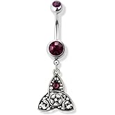 Pierced Owl 14GA 316L Stainless Steel Purple CZ Crystal Trinity Symbol Dangling Belly Button Ring