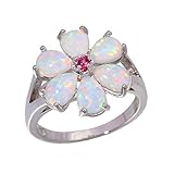 CiNily Flower White Opal Ring,Rhodium Plated Pink Tourmaline Women Jewelry Gemstone Ring Size 6-12