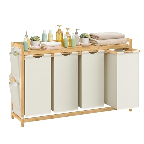 Cesto Portabiancheria a 4 Scomparti, Cesto Biancheria Sporca in Bambù 200 L, Porta Biancheria con Piano, Tasche Laterali, 4 x 50 L, 124,6 x 33 x 78 cm, Bianco Crema RLH120W01