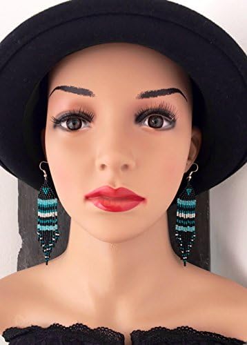 Minimalist, aquamarine, black &amp; silver, Native American beaded earrings/Modest everyday earrings for her/Trending/Geometric striped earrings/Chandelier earrings/Mother's day gift.
