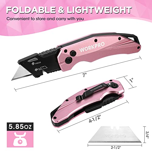 WORKPRO Folding Utility Knife, Quick Change SK5 Box Cutter, Pink Razor Knife for Boxes, Cartons, Cardboard, 10 Extra Blades Included