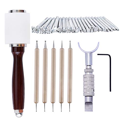 28 PCS Leather Stamping Tool Leather Carving Working Saddle Making Tools DIY Leather Craft Stamps Set DIY Hammer Swivel Knife
