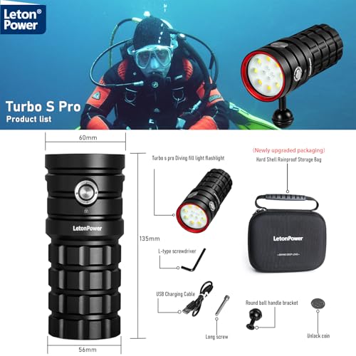 LetonPower Turbo S Pro Diving Lamp 13000 Lumens - Professional Underwater Video Light, with CRI 95, 3000K-6500K, Waterproof 120m, USB-C Charging for Water Sports and Professional Diving