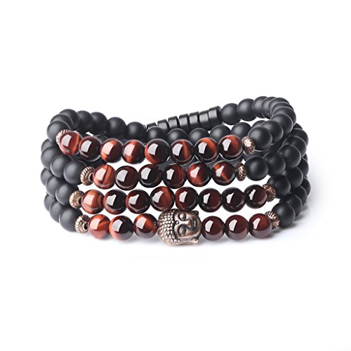 AmorWing 6mm Buddhha Head Matte Onyx Tiger Eye 108 Mala Beads Stones Bracelet Necklace