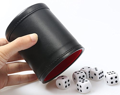 RERIVER Felt Lined PU Leather Dice Cup Set with 6 Dot Dices (Black, Pack of 1)
