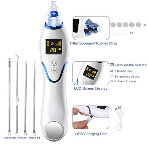 Blackhead Remover Vacuum, VICOODA Hot and Cold Care Panel Pore Cleaner 3 in 1 Rechargeable Blackhead Acne Extractor Tool with LCD Display, 5 Adjustable Suction Level and 5 Replacement Probes - Thumbnail 6