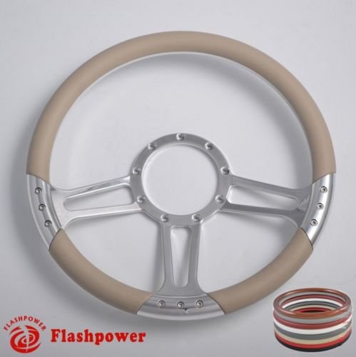 Flashpower 14'' Billet Half Wrap 9 Bolts Steering Wheel with 2'' Dish and Horn Button(Tan)