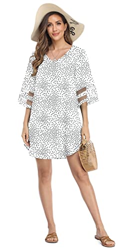 JOUICA WOMEN’S CHIFFON DRESS CASUAL V NECK 3/4 BELL SLEEVE SWIMWEAR MINI DRESSES,WHITE DOT,XX-LARGE