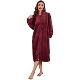 LYCY Women Plush Zipper Robe, Long Fleece House Coat Nightgown with Pockets Solid Bathrobe