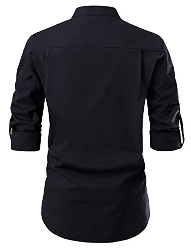 NEARKIN NKNKN382 Mens Classic Fit Roll-up Sleeve Mandarin Collar V Neck Casual Shirts Black US L(Tag Size L) - Thumbnail 2