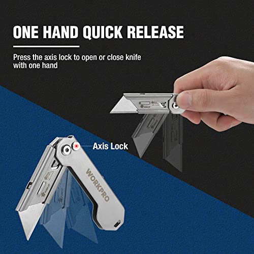 WORKPRO Folding Utility Knife, Quick Change Blades Box Cutter, 3-Pack EDC Foldable Pocket Utility Knife Sets with Belt Clip