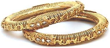 Duel on Jewel Ethnic Bollywood Baahubali Inspired Indian Ethnic Gold Plated Set of 2 Bangles in Cubic Zirconia Size 2.4 Diameter 2.25 Inches