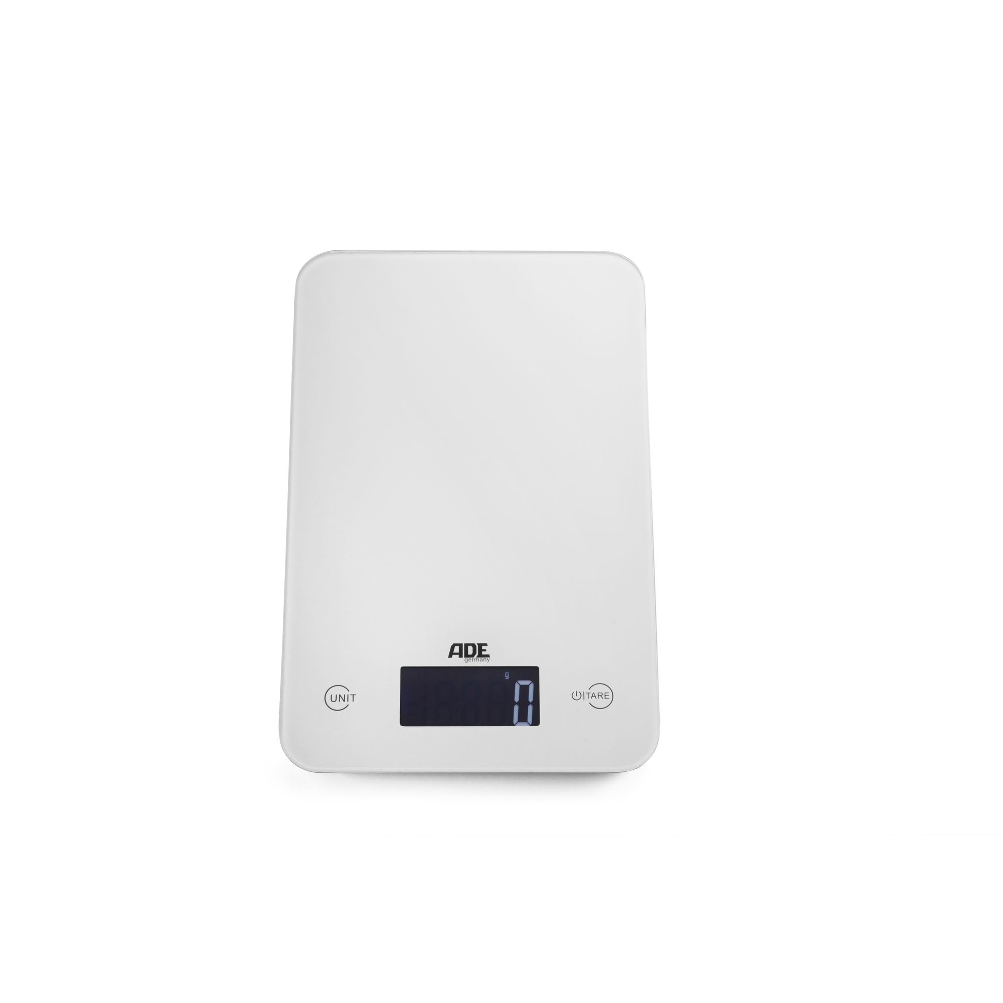 ADE KE915 Molly Digital Kitchen Scale. Elegant Design. Surface made of tempered safety glass. Weigh up to 5kg. LCD Display. Measure liquids volume. White