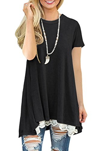 Women's Short Sleeve Casual Lace T Shirt Loose Fitted Flared Tunic Tops for Juniors (Black, S)