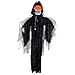 Halloween Haunters Animated Hanging Life-Size Scary Zombie Skull Reaper Speaking with Moving Arms Prop Decoration - Evil Skeleton Face with Red Light Up Eyes - Haunted House Graveyard Party Display
