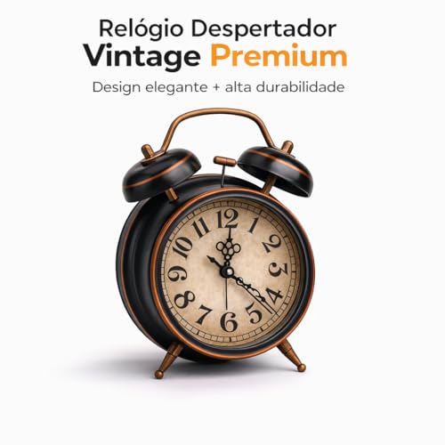 Relógio Despertador Retrô, Preto com Cobre, Estilo Vintage, Design Clássico, Ideal para Mesa de Cabeceira