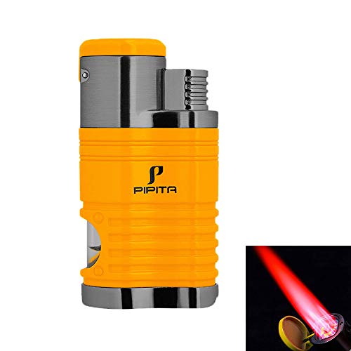 PIPITA Windproof Cigar Lighter Torch Quad 4 Jet Red Flame RefillableButane Gas Cigar Lighter with Punch Metal Cigarette Lighter (Yellow)