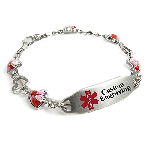 MyIDDr Free Engraving Medical Alert Bracelet - 5mm Steel & Glass Hearts - Red