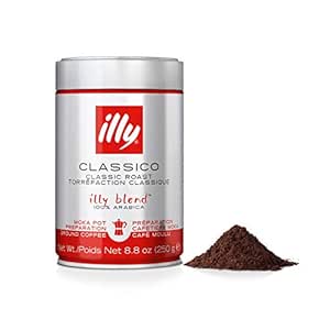 illy Coffee, Moka Ground, Classico Medium Roast, 100% Arabica Bean Signature Italian Blend, Premium Gourmet Roasted Coffee, Pressurized Fresh 8.8 Ounce Tin, Stovetop Moka Pot Preparations