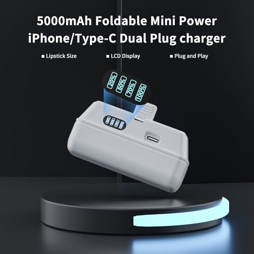 SMALL PORTABLE CHARGER FOR IPHONE/TYPE-C DUAL PLUG CONNECTOR 5000MAH FOLDABLE POWER BANK MINI PLUG-IN BATTERY PACK BACKUP CHARGER COMPATIBLE WITH IPHONE15/15PRO MAX/IPHONE 14/13 SERIES (BLACK+WHITE)