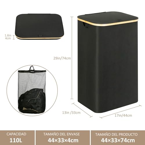 LIKYO Cesto de la Ropa Portátil Grande de 105L con Tapa Cesto de la Ropa Plegable con Tapa Ahorra Espacio en Taquillas, Dormitorios y Lavanderías, Adecuado Para Viajar, uso Doméstico（Negro）