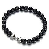 Mens Boys 8MM Black Onyx Bead Bracelet with Barbell Dumbbell, Prayer Mala