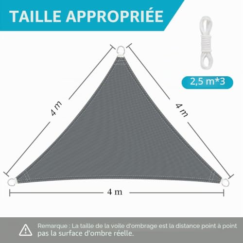 Triangular Shade Sail 4 x 4 x 4 m with Fixing Kit, Waterproof Triangular Shading Canvas, Sun Protection and Anti-UV, Shade Cloth without Drilling, Suitable for Terraces, Gardens and Greenhouses (Grey)