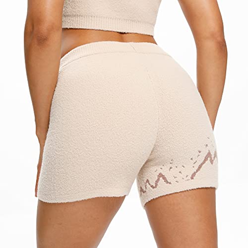 Snuggle Sac Women\'s Comfy Drawstring Casual Shorts Summer Elastic Waist Knit Lounge Shorts Relaxed Fit Shorts, Beige/Large